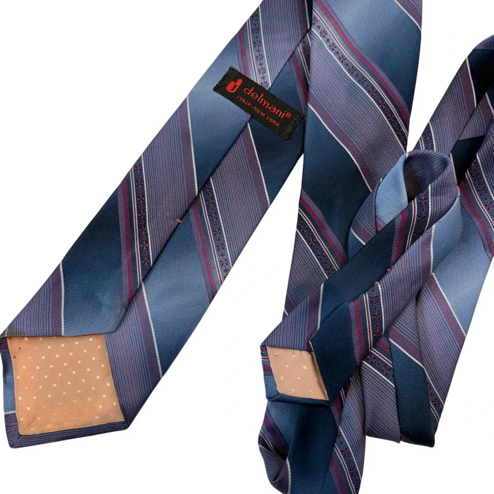 Delmani Italy New York Men Silk Tie Blue Purple Striped Geometric Floral Pattern